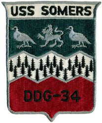 DDG-34 USS Somers 
Name. USS Somers (DDG-34, ex-DD-947)
Namesake. Richard Somers
Builder.	Bath Iron Works
Laid down. 4 Mar 1957
Launched. 30 May 1958
Acquired. 1 Apr 1959
Commissioned. 	9 Apr 1959
Decommissioned. 19 Nov 1982
Reclassified. 15 Mar 1967 as a guided missile destroyer
Stricken. 26 Apr 1988
Fate. Sunk as target, 22 July 1998 near Hawaii
Class and type. Forrest Sherman-class destroyer
Displacement:
2,800 tons standard.
4,050 tons full load.
Length.	407 ft (124 m) waterline, 418 ft (127 m) overall.
Beam. 45 ft (14 m)
Draught. 22 ft (6.7 m)
Propulsion. 4 x 1,200 psi (8.3 MPa) Foster-Wheeler boilers, General Electric steam turbines; 70,000 shp (52 MW); 2 x shafts.
Speed. 32.5 knots (60.2 km/h; 37.4 mph)
Range. 4,500 nautical miles (8,300 km) at 20 knots (37 km/h)
Complement. 15 officers, 218 enlisted.
Armament. 3 x 5 in (127 mm)/54 calibre dual purpose Mk 42 guns; 4 x 3 in (76 mm)/50 calibre Mark 33 anti-aircraft guns; 2 x mark 10/11 Hedgehogs; 6 x 12.75 in (324 mm) Mark 32 torpedo tubes.

