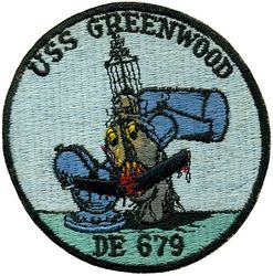 DE-679 USS Greenwood 
Namesake. Frank Greenwood, (1915-1942) USN officer killed 12 Nov 1942 when his ship USS Erie was torpedoed while on convoy duty in the Caribbean.
Builder. Fore River Shipyard, Quincy, MA
Laid down. 29 Jun 1943
Launched. 21 Aug 1943
Commissioned. 25 Sep 1943
Decommissioned. 1 Aug 1962
Stricken. 20 Feb 1967
Fate. Sold for scrap, 6 Sep 1967
Class & type. Buckley-class destroyer escort
Displacement. 1,740 tons full, 1,400 tons, standard
Length.	306 ft 0 in (93 m)
Beam. 36 ft 9 in (11.20 m)
Draft. 13 ft 6 in (4.11 m)
Propulsion.	
GE turbo-electric drive
12,000 shp (8.9 MW)
two propellers
Speed. 24 knots (44 km/h)
Range. 4,940 nautical miles (9,150 km) at 12 knots (22 km/h)
Complement. 15 officers, 198 men
Armament.	
3 × 3 in (76 mm) DP guns
3 × 21 in (53 cm) torpedo tubes
1 × 1.1 in (28 mm) quad AA gun
8 × 20 mm cannon
1 × hedgehog projector
2 × depth charge tracks
8 × K-gun depth charge projectors

