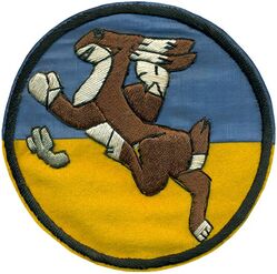 96th Pursuit Squadron, Interceptor, 96th Pursuit Squadron, Twin Engine, 96th Fighter Squadron, Twin Engine and 96th Fighter Squadron, Two Engine 
Constituted 96 Pursuit Squadron (Interceptor) on 13 Jan 1942. Activated on 9 Feb 1942. Redesignated: 96 Pursuit Squadron (I) (Twin Engine) on 22 Apr 1942; 96 Fighter Squadron (Twin Engine) on 15 May 1942; 96 Fighter Squadron, Two Engine on 28 Feb 1944. Inactivated on 9 Sep 1945.

Insignia approved on 18 Aug 1942. Italian embroidered on wool.

Stations. Harding Field, LA, 9 Feb 1942; Muroc, CA, 30 Apr 1942; Glendale, CA, 18 May-16 Sep 1942; Eglington, Northern Ireland, 5 Oct 1942; Tafaraoui, Algeria, 24 Dec 1942; Telergma, Algeria, 1 Jan 1943; Berteaux, Algeria, 1 Apr 1943; Souk-el-Arba, Algeria, 13 Jun 1943; Grombalia, Tunisia, 4 Aug 1943 (operated from Maddalina, Sicily, 6-18 Sep 1943); San Pancrazio, Italy, c. 3 Oct 1943; Lecce, Italy, 10 Oct 1943; Vincenzo Airfield, Italy, 11 Jan 1944; Lesina, Italy, c. 30 Aug-9 Sep 1945.

