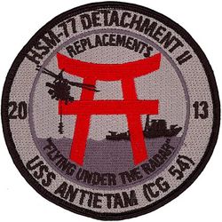 Helicopter Maritime Strike Squadron 77 (HSM-77) Detachment 2 2013
Established as Helicopter Anti-Submarine Squadron Light FOUR SEVEN (HSL-47) on 25 Sep 1987; Redesignated Helicopter Maritime Strike Squadron 77 (HSM-77) on 2 Apr 2009-.
Sikorsky MH-60R Seahawk, 2009-.

