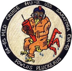 Helicopter Anti-Submarine Squadron 2 (HU-2) Detachment 60 Mediterranean Cruise 1964-1965
Established as Helicopter Utility Squadron TWO (HU-2) “Fleet Angels” on 1 Apr 1948. Redesignated Helicopter Combat Support Squadron TWO (HC-2) on 1 Jul 1965. Disestablished on 30 Sep 1977. Reestablished on 1 Apr 1987. Redesignated Helicopter Sea Combat Squadron TWO (HSC-2) on 31 Jan 2006-.

Deployment. 28 Nov 1964-12 Jul 1965 USS Saratoga (CVA-60) CVW-3, Det. 60 Kaman UH-2A Seasprite

