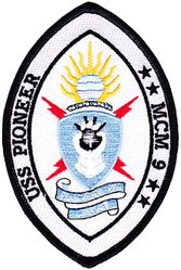 MCM-9 USS Pioneer
Builder. Peterson Builders Inc., Sturgeon Bay, Wisconsin
Laid down. 5 Jun 1989
Launched. 25 Aug 1990
Acquired. 14 Aug 1990
Commissioned. 7 Dec 1992
Homeport. United States Fleet Activities Sasebo, Japan
Motto. Praecursor Pro Libertate ("Pioneer for Freedom")
Status. in active service
Class and type. Avenger-class mine countermeasures ship
Displacement. 1,367 long tons (1,389 t)
Length. 224 ft (68 m) o/a
Beam. 39 ft (12 m)
Draft. 13 ft (4.0 m)
Propulsion:	
4 × Isotta-Fraschini austenitic steel non-magnetic diesel engines
2 × controllable/reversible pitch propellers
2 × rudders
2 × light-load electric motors
Speed. 14 knots (26 km/h; 16 mph)
Complement. 6 officers and 75 enlisted
Sensors and processing systems:	
AN/SLQ-48 (V) Mine Neutralization System
AN/SQL-37 (V) 3 Magnetic/Acoustic Influence Minesweeping Gear
Oropesa type 0 size 1 Mechanical Sweep Equipment
MDG 1701 Marconi Magnetometer Degaussing System
Electronic warfare & decoys:	
AN/SSN-2 Precise Integrated Navigation System (PINS)
AN/SQQ-32 Mine-hunting sonar
AN/SPS-55 Surface Radar
AN/WSN-2 Gyro Compass
Armament:	
2 × Double M2 Browning .50-cal machine guns
2 × M60 7.62 mm machine guns
2 × Mk 19 grenade launchers


