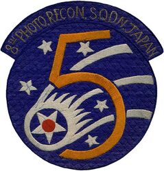 8th Photographic Reconnaissance Squadron 5th Air Force 
Constituted 8th Photographic Squadron on 19 Jan 1942. Activated on 1 Feb 1942. Redesignated: 8th Photographic Reconnaissance Squadron on 9 Jun 1942; 8th Photographic Squadron (Light) on 6 Feb 1943; 8th Photographic Reconnaissance Squadron on 13 Nov 1943; 8th Tactical Reconnaissance Squadron (Night Photographic) on 10 Aug 1948; 8th Tactical Reconnaissance Squadron (Photographic) on 1 Aug 1949. Inactivated on 25 Feb 1951.

Japanese made silk embroidered, c. 1945-1948 

Stations. Chofu, Japan, 28 Sep 1945; Irumagawa, Japan, 25 Jan 1946; Yokota, Japan, 25 Mar 1949 (detachment operated from Itazuke, Japan, from 29 Jun 1950); Itazuke, Japan, 9 Jul 1950; Taegu, Korea, 2 Oct 1950; Komaki, Japan (operated from Taegu, Korea), 26 Jan25 Feb 1951.

