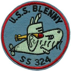 SS-324 USS Blenny 
USS Blenny (SS/AGSS-324)
Namesake. Blenny, several types of fish, including several families of percomorph marine, brackish, and some freshwater fish
Ordered: 9 Jul 1942
Builder: Electric Boat Company, Groton, Connecticut
Laid down: 8 Jul 1943
Launched: 9 Apr 1944
Commissioned: 27 Jun 1944
Decommissioned: 7 Nov 1969
Struck: 15 Aug 1973
Fate: Scuttled off Ocean City, Maryland, 7 Jun 1989
Class and type: Balao-class diesel-electric submarine
Displacement.	
1,526 tons (1,550 t) surfaced
2,424 tons (2,463 t) submerged
Length.	311 ft 9 in (95.02 m)
Beam. 27 ft 3 in (8.31 m)
Draft. 16 ft 10 in (5.13 m) maximum
Propulsion.	
4 × General Motors Model 16-278A V16 diesel engines driving electrical generators
2 × 126-cell Sargo batteries
4 × high-speed General Electric electric motors with reduction gears
2 × propellers
5,400 shp (4.0 MW) surfaced
2,740 shp (2.0 MW) submerged
Speed.	
20.25 knots (38 km/h) surfaced
8.75 knots (16 km/h) submerged
Range. 11,000 nautical miles (20,000 km) surfaced at 10 knots (19 km/h)
Endurance.	
48 hours at 2 knots (3.7 km/h) submerged
75 days on patrol
Test depth. 400 ft (120 m)
Complement. 10 officers, 70–71 enlisted
Armament.	
10 × 21-inch (533 mm) torpedo tubes
6 forward, 4 aft
24 torpedoes
1 × 5-inch (127 mm) / 25 caliber deck gun
Bofors 40 mm and Oerlikon 20 mm cannon

General characteristics (Guppy IA)
Displacement.	
1,830 tons (1,859 t) surfaced
2,440 tons (2,479 t) submerged
Length. 	307 ft 7 in (93.8 m)
Beam. 27 ft 4 in (8.3 m)
Draft. 17 ft (5.2 m)
Propulsion.	
Snorkel added
Batteries upgraded to Sargo II
Speed. Surfaced: 17.3 knots (32.0 km/h) maximum, 12.5 knots (23.2 km/h) cruising
Submerged: 15.0 knots (27.8 km/h) for ½ hour, 7.5 knots (13.9 km/h) snorkeling, 3.0 knots (5.6 km/h) cruising
Range. 17,000 nm (28,000 km) surfaced at 11 knots (20 km/h)
Endurance. 36 hours at 3 knots (6 km/h) submerged
Complement. 10 officers, 5 petty officers, 64–69 enlisted men
Armament.	
10 × 21 inch (533 mm) torpedo tubes  (six forward, four aft)
all guns removed

