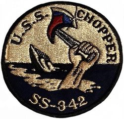 SS-342 USS Chopper 
Name: USS Chopper (SS/AGSS/IXSS-342)
Namesake. Chopper, a common name for Pomatomus saltatrix, an aggressive game fish.
Builder: Electric Boat Company, Groton, CT
Laid down: 2 Mar 1944
Launched: 4 Feb 1945
Commissioned: 25 May 1945
Decommissioned: 27 Aug 1969
Struck: 1 Oct 1971
Fate: Sunk off Cape Hatteras, 21 Jul 1976, while being rigged as a tethered underwater target
Class and type: Balao-class diesel-electric submarine
Displacement.	
1,529 long tons (1,554 t) surfaced
2,424 long tons (2,463 t) submerged
Length. 311 ft 9 in (95.02 m)
Beam. 27 ft 3 in (8.31 m)
Draft. 16 ft 10 in (5.13 m) maximum
Propulsion.	
4 × General Motors Model 16-278A V16 diesel engines driving electrical generators
2 × 126-cell Sargo batteries
4 × high-speed General Electric electric motors with reduction gears
2 × propellers
5,400 shp (4.0 MW) surfaced
2,740 shp (2.0 MW) submerged
Speed. 20.25 kn (23.30 mph; 37.50 km/h) surfaced, 8.75 kn (10.07 mph; 16.21 km/h) submerged
Range. 11,000 nmi (13,000 mi; 20,000 km) surfaced at 10 kn (12 mph; 19 km/h)
Endurance. 48 hours at 2 kn (2.3 mph; 3.7 km/h) submerged, 75 days on patrol
Test depth. 400 ft (120 m)[3]
Complement. 10 officers, 70–71 enlisted
Armament.	
10 × 21-inch (533 mm) torpedo tubes, 6 forward, 4 aft
24 torpedoes
1 × 5-inch (127 mm) / 25 caliber deck gun
Bofors 40 mm and Oerlikon 20 mm cannon

General characteristics (Guppy IA)
Displacement.	
1,830 long tons (1,860 t) surfaced
2,440 long tons (2,480 t) submerged
Length. 307 ft 7 in (93.75 m)
Beam. 27 ft 4 in (8.33 m)
Draft. 17 ft (5.2 m)
Propulsion. 
Batteries upgraded to Sargo II
Speed. Surfaced: 17.3 kn (19.9 mph; 32.0 km/h) maximum, 12.5 kn (14.4 mph; 23.2 km/h) cruising
Submerged: 15.0 kn (17.3 mph; 27.8 km/h) for ½ hour, 7.5 kn (8.6 mph; 13.9 km/h) snorkeling, 3.0 kn (3.5 mph; 5.6 km/h) cruising
Range	17,000 nmi (20,000 mi; 31,000 km) surfaced at 11 kn (13 mph; 20 km/h)
Endurance. 36 hours at 3 kn (3.5 mph; 5.6 km/h) submerged
Complement. 10 officers, 5 petty officers, 64–69 enlisted men
Armament.	
10 × 21 inch (533 mm) torpedo tubes (six forward, four aft)
all guns removed
Snorkel added

