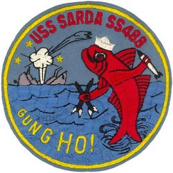 SS-488 USS Sarda
Namesake. The 	Sarda, a genus of game fish
Builder	Portsmouth Naval Shipyard, Kittery, ME
Laid down. 12 Apr 1945
Launched. 24 Aug 1945
Commissioned. 19 Apr 1946
Decommissioned. 1 Jun 1964
Stricken. 1 Jun 1964
Fate. Sold for scrap 14 May 1965
Class and type. Tench-class diesel-electric submarine
Displacement:	
1,570 tons (1,595 t) surfaced 
2,414 tons (2,453 t) submerged 
Length. 311 ft 8 in (95.00 m) 
Beam. 27 ft 4 in (8.33 m) 
Draft. 17 ft (5.2 m) maximum 
Propulsion:	
4 × Fairbanks-Morse Model 38D8-⅛ 10-cylinder opposed piston diesel engines driving electrical generators
2 × 126-cell Sargo batteries
2 × low-speed direct-drive Elliott electric motors
two propellers 
5,400 shp (4.0 MW) surfaced
2,740 shp (2.0 MW) submerged
Speed. 20.25 knots (38 km/h) surfaced; 8.75 knots (16 km/h) submerged 
Range. 11,000 nautical miles (20,000 km) surfaced at 10 knots (19 km/h) 
Endurance. 48 hours at 2 knots (3.7 km/h) submerged; 75 days on patrol
Test depth. 400 ft (120 m) 
Complement. 10 officers, 71 enlisted 
Armament:	
10 × 21-inch (533 mm) torpedo tubes, 6 forward, 4 aft)
28 torpedoes
1 × 5-inch (127 mm) / 25 caliber deck gun
Bofors 40 mm and Oerlikon 20 mm cannon


