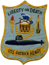 SSBN-599 USS Patrick Henry
Namesake. Patrick Henry (1736–1799) American politician, planter and orator who declared to the Second Virginia Convention (1775): "Give me liberty, or give me death!" A Founding Father, he served as the first and sixth post-colonial Governor of Virginia, from 1776 to 1779 and from 1784 to 1786.
Ordered. 31 Dec 1957
Builder. General Dynamics Electric Boat
Laid down. 27 May 1958
Launched. 22 Sep 1959
Commissioned. 11 Apr 1960
Decommissioned. 25 May 1984
Stricken. 16 Dec 1985
Fate. Recycling via Ship-Submarine Recycling Program completed 21 Aug 1997
Class and type. George Washington-class submarine (hull design SCB-180A)
Displacement:
5400 tons light
5959–6019 tons surfaced
6709–6888 Approx. tons submerged
Length. 381.6 ft (116.3 m)
Beam. 33 ft (10 m)
Draft. 29 ft (8.8 m)
Propulsion:
1 × S5W PWR
2 × geared turbines rated at 15,000 shp (11,000 kW)
1 × 7-bladed screw
Speed:
20 kn (37 km/h) surfaced
+25 kn (46 km/h) submerged
Range. unlimited except by food supplies
Test depth. 700 ft (210 m) (maximum over 900 ft (270 m))
Capacity. 120
Complement. Two crews (Blue/Gold) each consisting of 12 officers and 100 men.
Armament:
16 Polaris A1/A3 missiles
6 × 21 in (530 mm) torpedo tubes (Mark 16, Mark 37, or Mark 48 torpedoes)

