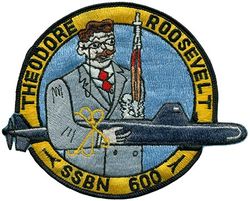 SSBN-600 USS Theodore Roosevelt
Namesake: President Theodore Roosevelt (1858-1919)
Builder: Mare Island Naval Shipyard
Launched: 3 Oct 1959
Commissioned: 13 Feb 1961
Decommissioned: 1 Dec 1982
Renamed: from Scamp (SSN-600), 6 Nov 1958
Struck: 1 Dec 1982
Fate: Recycling via Ship-Submarine Recycling Program completed 24 Mar 1995
Class and type. George Washington-class submarine
Displacement:
5400 tons light
5959–6019 tons surfaced
6709–6888 Approx. tons submerged
Length. 381.6 ft (116.3 m)
Beam. 33 ft (10 m)
Draft. 29 ft (8.8 m)
Propulsion:
1 S5W PWR
2 geared turbines at 15,000shp
1 shaft
Speed:
20 kn (37 km/h) surfaced
+25 kn (46 km/h) submerged
Range. unlimited except by food supplies
Test depth. 700 ft (210 m)
Complement. Two crews (Blue/Gold) each consisting of 12 officers, 100 enlisted
Armament:
16 Polaris A1/A3 missiles
6 × 21 in (530 mm) torpedo tubes

