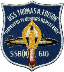 SSBN-610 Thomas A Edison 
Namesake. Thomas Edison, American inventor and businessman (1847–1931)
Ordered. 1 Jul 1959
Builder. Electric Boat Division of the General Dynamics Corporation
Laid down. 15 Mar 1960
Launched. 15 Jun 1961
Commissioned. 10 Mar 1962
Decommissioned. 1 Dec 1983
Stricken. 30 Apr 1986
Motto. Potentia Tenebras Repellendi (Power to Repel the Darkness)
Fate. Recycling via Ship and Submarine Recycling Program completed 1 Dec 1997
Class and type. Ethan Allen-class submarine
Type. Ballistic Missile Submarine
Displacement. 6,900 tons surfaced 7,900 tons submerged
Length. 410 feet 4 inches (125.07 m)
Beam. 33.1 feet (10.1 m)
Draft. 27 feet 5 inches (8.36 m)
Propulsion. S5W reactor – two geared steam turbines – one shaft
Speed. 16 knots (30 km/h; 18 mph) surfaced, 21 knots (39 km/h; 24 mph) submerged
Test depth. 1,300 feet (400 m)
Complement. 12 Officers and 128 Enlisted (two crews Blue and Gold)
Armament. 16 fleet ballistic missiles, 4 × 21 inch (533 mm) torpedo tubes

