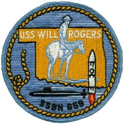 SSBN-659 USS Will Rogers
Namesake. Will Rogers (1879–1935), an American humorist
Awarded. 29 Jul 1963
Builder. General Dynamics Electric Boat, Groton, Connecticut
Laid down. 20 Mar 1965
Launched. 21 Jul 1966
Commissioned. 1 Apr 1967
Decommissioned. 12 Apr 1993
Stricken . 12 Apr 1993
Fate. Scrapping via Ship and Submarine Recycling Program begun 2 Nov 1993, completed 12 Aug 1994
Class and type. Benjamin Franklin-class nuclear-powered fleet ballistic missile submarine
Displacement:
7,320 tons surfaced
8,220 tons submerged
Length. 425 ft (130 m)
Beam. 33 ft (10 m)
Draft. 31 ft 4 in (9.55 m)
Installed power. 15,000 shp (11,185 kW)
Propulsion. One S5W pressurized-water nuclear reactor, later replaced by one S3G reactor; two geared steam turbines; one shaft
Speed:
16 knots (30 km/h; 18 mph) surfaced
Over 20 knots (37 km/h; 23 mph) submerged
Test depth. greater than 400 ft (120 m) (classified)
Complement. Two crews (Blue Crew and Gold crew) of 140 each
Armament:
16 × ballistic missile tubes, each with one Polaris, later Poseidon
4 × 21 in (530 mm) torpedo tubes

