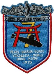 SSN-613 USS Flasher WESTERN PACIFIC CRUISE 1973
Namesake. The flasher, a fish of the family Lobotidae
Awarded. 9 Jun 1960
Builder. General Dynamics Electric Boat, Groton, Connecticut
Laid down. 14 Apr 1961
Launched. 22 Jun 1963
Commissioned. 22 Jul 1966
Decommissioned. 14 Sep 1992
Stricken . 14 Sep 1992
Motto. Best in the West
Honors and awards: 5 × Battle Effectiveness Awards; 4 × Meritorious Unit Commendations; Navy Unit Commendation; Presidential Unit Citation
Fate. Scrapped via Ship-Submarine Recycling Program
Class and type. Thresher/Permit-class submarine
Displacement:
3,540 long tons (3,597 t) surfaced
4,200 long tons (4,267 t) submerged
Length. 292 ft (89 m)
Beam. 31 ft 8 in (9.65 m)
Propulsion. S5W PWR
Speed:
15 knots (28 km/h; 17 mph) surfaced
28 knots (52 km/h; 32 mph)+ submerged
Complement. 12 officers and 76 men (Actual inservice crew; 13 Officers, 100 men)
Armament. 4 × 21 in (533 mm) torpedo tubes
