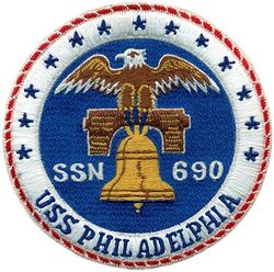SSN-690 USS Philadelphia
Namesake. Philadelphia, PA
Awarded. 8 Jan 1971
Builder. General Dynamics Corporation
Laid down. 12 Aug 1972
Launched. 19 Oct 1974
Commissioned. 25 Jun 1977
Decommissioned. 25 Jun 2010
Stricken. 25 Jun 2010
Homeport. Groton, CT
Motto. "Philly Delivers" "Whatever It Takes" "Finish Strong"
Honors and awards: Navy Unit Commendation; 6 × Meritorious Unit Commendations; Navy E Ribbon; 4 × Navy Expeditionary Medals; 2 × National Defense Service Medals; Southwest Asia Service Medal
Status. Stricken, to be disposed of by submarine recycling
Class and type. Los Angeles-class submarine
Displacement:
5,705 tons light
6,075 tons full
370 tons dead
Length. 110.3 m (361 ft 11 in)
Beam. 10 m (32 ft 10 in)
Draft. 9.7 m (31 ft 10 in)
Propulsion. S6G nuclear reactor, 2 turbines, 35,000 hp (26 MW), 1 auxiliary motor 325 hp (242 kW), 1 shaft
Speed:
15 knots (28 km/h) surfaced
32 knots (59 km/h) submerged
Test depth. 290 m (950 ft)
Complement. 12 Officers; 98 Enlisted
Armament:
4 × 21 in (533 mm) bow tubes
BGM-109 Tomahawk
Mark 48 torpedo

