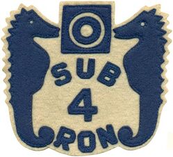 Submarine Squadron 4 (SUBRON 4
Submarine Squadron 4 (SUBRON 4) was raised at the Pearl Harbor submarine base in 1930.
During the Japanese attack on Pearl Harbor, HI, on 7 Dec 1941, the squadron was comprised of:
Submarine Squadron 4 Headquarters, at Pearl Harbor Submarine Base.
USS Litchfield (DD-336), underway south of Oahu – Tactical Flagship
USS Widgeon (ASR-1)

Submarine Division 41, at Naval Base San Diego.
USS S-18 (SS-123) (F)
USS S-23 (SS-128)
USS S-27 (SS-132), being overhauled at Mare Island Naval Shipyard
USS S-28 (SS-133), being overhauled at Mare Island Naval Shipyard
USS S-34 (SS-139)
USS S-35 (SS-140)

Submarine Division 42, at Pearl Harbor Submarine Base.
USS Argonaut (SM-1) (F), on patrol in the vicinity of Midway Atoll
USS Narwhal (SS-167) (F)
USS Nautilus (SS-168), at Mare Island Naval Shipyard
USS Dolphin (SS-169)
USS Cachalot (SS-170)
USS Cuttlefish (SS-171), being overhauled at Mare Island Naval Shipyard

Submarine Division 43, at Pearl Harbor Submarine Base. 
USS Plunger (SS-179) (F), underway en-route from Mare Island Naval Shipyard
USS Pollack (SS-180), underway en-route from Mare Island Naval Shipyard
USS Pompano (SS-181), underway en-route from Mare Island Naval Shipyard
On 13 Jan 1943, the command of Submarine Base Pearl Harbor and Submarine Squadron 4 were separated, due to the demands on each command by war time operations.
In about Aug 1945, the squadron began operations from Key West, FL, as part of the US Atlantic Fleet.
In 1959, the squadron was moved to the Charleston Naval Base, SC. Its new home port was Pier Mike. The move was part of a plan to disperse the Atlantic Fleet so it would be less vulnerable to nuclear attack. The squadron soon came to be known as the “Swamp Fox squadron” in reference to Francis Marion, an American Revolutionary War general nicknamed the “Swamp Fox”.
The squadron was deactivated in late 1995 just prior to the official closure of Charleston Naval Shipyard on 1 Apr 1996.

