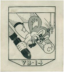 BOMBING SQUADRON 14 (VB-14)
 Established as Bombing Squadron (VB-14) on 1 Sep 1943. Disestablished 14 Jun 1946.

Insignia approved by CNO on 13 Oct 1943. US made, decal on leather.

Deployments.
Dec 1943 - Dec 1943, CV-18 USS Wasp, CVG-14, Curtiss SB2C-3 Helldiver
31 Jan 1944 - 27 Feb 1944, CV-18 USS Wasp, CVG-14, Curtiss SB2C-3 Helldiver
Mar 1944 - 4 Apr 1944, CV-18 USS Wasp, CVG-14, Curtiss SB2C-3 Helldiver
19 May 1944 - Jun 1944, CV-18 USS Wasp, CVG-14, Curtiss SB2C-3 Helldiver
30 Jun 1944 - 10 Nov 1944, CV-18 USS Wasp, CVG-14, Curtiss SB2C-3 Helldiver

