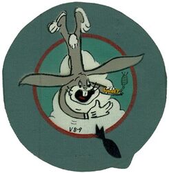 Bombing Squadron 9 (VB-9)
Established as Bombing Squadron NINE (VB-9) on 1 Mar 1942.Disestablished on 28 Sep 1945.

Insignia approved by CNO on 27 Jul 1944. US made, painted on canvas.

Deployments.
31 Aug 1943-Dec 1943, CV-9 USS Essex, CVG-9, Douglas SBD-5 Dauntless
16 Jan 1944-22 Feb 1944, CV-9 USS Essex, CVG-9, Douglas SBD-5 Dauntless
10 Feb 1945-5 Mar 1945, CV-16 USS Lexington, CVG-9, Curtiss SB2C-4 Helldiver
6 Mar 1945-13 Jun 1945, CV-10 USS Yorktown, CVG-9, Curtiss SB2C-4 Helldiver


