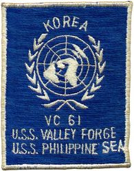 Composite Squadron 61 (VC-61) Western Pacific and Korea Cruise 1950-1951
Established as Composite Squadron SIXTY ONE (VC-61) on 20 Jan 1949. Redesignated Light Photographic Squadron SIXTY ONE (VFP-61) on 2 Jul 1956; Composite Photographic Squadron SIXTY THREE (VCP-63) on 1 Jul 1959; Light Photographic Squadron SIXTY THREE (VFP-63) on 1 Jul 1961. Disestablished on 30 Jun 1982.

28 Mar 1951-7 Apr 1951, USS Valley Forge (CV-45), CVG-11, Vought F4U-4P
5 Jul 1950-26 Mar 1951, USS Philippine Sea (CV-47), CVG-11, Vought F4U-4P

