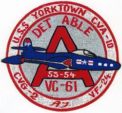 Composite Squadron 61 (VC-61) Detachment Able CVG-2 Western Pacific Cruise 1953-1954
Established as Composite Squadron SIXTY ONE (VC-61) on 20 Jan 1949. Redesignated Light Photographic Squadron SIXTY ONE (VFP-61) on 2 Jul 1956; Composite Photographic Squadron SIXTY THREE (VCP-63) on 1 Jul 1959; Light Photographic Squadron SIXTY THREE (VFP-63) on 1 Jul 1961. Disestablished on 30 Jun 1982.

3 Aug 1953-3 Mar 1954, CVA-10 USS Yorktown, CVG-2, McDonnell F2H-2P Banshee

