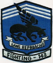 Fighter Squadron 143 (VF-143)
Established as Fighter Squadron EIGHT SEVEN THREE (VF-871) in 1949 and called to active duty on 20 Jul 1950. Redesignated Fighter Squadron ONE TWO THREE (VF-123) “Blue Racers” on 4 Feb 1953, Fighter Squadron FIVE THREE (VF-53) on 15 Apr 1958; Fighter Squadron ONE FORTY THREE (VF-143) (2nd) on 20 Jun 1963; Strike Fighter Squadron ONE FORTY THREE on 27 Apr 2005-.

McDonnell Douglas F-4B/J Phantom II, 1963-1975
Grumman F-14A/B Tomcat, 1975-2005

