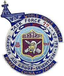 Fighter Squadron 173 (VF-173)
Established as Fighter Squadron ONE HUNDRED SEVENTY THREE (VF-173) “Jesters” on 11 Aug 1948. Disestablished on 1 Feb 1959.  

Insignia approved BY CNO on 5 Jan 1949. Japanese embroidery.

Deployments.
16 Sep 1953-1 May 1954, CV-18 USS Wasp, CVG-17, Grumman F9F-6 Cougar

