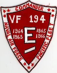Fighter Squadron 194 (VF-194) (3rd) Battle Effectiveness Award 1964-1965 & 1965-1966
Established as Fighter Squadron NINETY ONE (VF-91) (2nd) on 26 Mar 1952. Redesignated Fighter Squadron ONE HUNDRED NINETY FOUR (VF-194) (3rd) “Red Lightning” on 1 Aug 1963. Disestablished on 1 Mar 1978. Reestablished on 1 Dec 1986. Disestablished on 29 Apr 1988.

Vought F8U-1/2/F-8E/J Crusader, 1963-1976
McDonnell Douglas F-4J Phantom II, 1976-1978

Deployments.
28 Jan 1964-21 Nov 1964 USS Bon Homme Richard (CVA-31) CVW-19, F-8C, WestPac/IO
21 Apr 1965-13 Jan 1966 USS Bon Homme Richard (CVA-31) CVW-19, F-8E, WestPac/Vietnam	
15 Oct 1966-29 May 1967 USS Bon Homme Richard (CVA-31) CVW-19, F-8E, WestPac/Vietnam	
28 Dec 1967-17 Aug 1968 USS Bon Homme Richard (CVA-31) CVW-19, F-8E, WestPac/Vietnam	
14 Apr 1969-17 Nov 1969 USS Oriskany (CVA-34) CVW-19, F-8J, WestPac/Vietnam
14 May 1970-10 Dec 1970 USS Oriskany (CVA-34) CVW-19, F-8J,	WestPac/Vietnam
14 May 1971-18 Dec 1971 USS Oriskany (CVA-34) CVW-19, F-8J, WestPac/Vietnam
5 Jun 1972-30 Mar 1973 USS Oriskany (CVA-34) CVW-19, F-8J, WestPac/Vietnam	
18 Oct 1973-5 June1974 USS Oriskany (CVA-34) CVW-19, F-8J, WestPac/Vietnam
16 Sep 1975-3 Mar 1976 USS Oriskany (CVA-34) CVW-19, F-8J, WestPac	
15 Feb 1977-5 Oct 1977	USS Coral Sea (CVA-43)	CVW-15, F-4J, WestPac	
24 Jul 1987-5 Aug 1987	USS Enterprise (CVN-65) CVW-10, F-14A, NorPac

