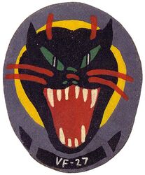 Fighter Squadron 27 (VF-27) 
Established as Escort-Fighting Squadron TWENTY SEVEN (VGF-27) on 22 April 1942. Redesignated Fighter Squadron TWENTY SEVEN (VF-27) on 1 Mar 1943. Disestablished on 26 Oct 1945.

Insignia approved by CNO on 17 May 1944. US made, painted on canvas.

Deployments.
10 Mar 1943-15 Apr 1943, Henderson Field Guadalcanal, CVLG-27, Grumman F4F-4 Wildcat	
25 Apr 1943-Oct 1943, CVE-27 USS Suwannee, CVLG-27, Grumman F4F-4 Wildcat, South Pacific / Guadalcanal Aera
29 May 1944-24 Oct 1944, CVL-23 USS Princeton, CVLG-27, Grumman F6F-3 Hellcat, Westpac/Mariana/Leyte 
10 Jun 1945-31 Oct 1945, CVL-22 USS Independence, CVLG-27, Grumman F6F-3 Hellcat, Westpac

NOTE. Squadron on USS Princeton when it was sunk.

