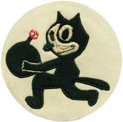 Fighter Squadron 3 (VF-3)
Established as Combat Squadron Four prior to 1 Jan 1922. Redesignated Fighter Squadron TWO (VF-2) (1st VF-2) on 1 Jul 1922; Fighter Squadron TWO B (VF-2B) (1st VF-2B) on 19 Mar 1923; Fighter Squadron SIX B (VF-6B) (1st VF-6B) on 1 Jan 1927; Bombing Squadron TWO B (VB-2B) on 1 Jul 1928; Fighter Squadron SIX B (VF-6B) (3rd VF-6B) on 1 Jul 1930; Fighter Squadron THREE (VF-3) (2nd VF-3) on 1 Jul 1937; Fighter Squadron SIX (VF-6) on 15 Jul 1943. Disestablished on 1 Oct 1945.

Insignia adopted in 1928 as VB-2B. US made, schiffli embroidery on wool
Fighter Squadron SIX (VF-6) was operating with Air Group THREE (CVG-3) and Fighter Squadron THREE (VF-3) was operating with Air Group SIX (CVG 6), the names of the two squadrons were officially  altered and VF-6 became VF-3 and VF-3 became VF-6 on 15 Jul 1943. Because the squadron number was officially changed from VF-6 to VF-3 the squadron discarded the VF-6 insignia of the shooting star and assumed the official insignia of VF-3 which was Felix the Cat. 

VF-3
15 Mar 1938-Apr 1938, CV-3 USS Saratoga, Saratoga Air Group, Grumman F3F-1, Vought O3U-3 Corsair
20 Apr 1939, CV-2 USS Lexington, Lexington Air Group, Grumman F3F-1, Great Lakes BG-1
2 Apr 1940-21 Jun 1940, CV-3 USS Saratoga, Saratoga Air Group, Brewster F2A-1 Buffalo, Grumman F3F-1	
8 Dec 1941-19 Feb 1942, CV-3 USS Saratoga, Saratoga Air Group, Grumman F4F-3A Wildcat	
11 Jan 1942-26 Mar 1942, CV-2 USS Lexington, Lexington Air Group, Grumman F4F-3A Wildcat
30 May 1942-7 Jun 1942, CV-5 USS Yorktown, Yorktown Air Group, Grumman F4F-4 Wildcat
Aug 1942-Sep 1942, Guadalcanal/Solomons, Grumman F4F-4 Wildcat

