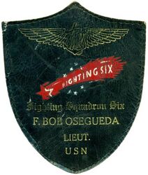 Fighter Squadron 6 (VF-6)
Established as Fighter Squadron ONE B (VF-1B) on 11 July 1935. Redesignated Fighter Squadron SIX (VF-6) on 1 July 1937; Fighter Squadron THREE (VF-3) on 15 July 1943; Fighter Squadron THREE A (VF-3A) on 15 Nov 1946; Fighter Squadron THIRTY ONE (VF-31) on 7 Aug 1948; Strike Fighter Squadron THIRTY ONE (VFA-31) in 2006.

Insignia original artwork submitted in Jun 1937. US made, painted on leather.

Deployments.
Jul 1938-1938, CV-6 USS Enterprise, Enterprise Air Group, Grumman F3F-2, Curtiss SBC-3 Helldiver
16 Jan 1939-1939, CV-6 USS Enterprise, Enterprise Air Group, Grumman	F3F-2, Curtiss SBC-3 Helldiver
Jul 1940-1940, CV-6 USS Enterprise, Enterprise Air Group, Grumman F3F-2, Curtiss SBC-4 Helldiver
28 Nov 1941-7 Dec 1941, CV-6 USS Enterprise, Enterprise Air Group, Grumman F4F-3A Wildcat
11 Jan 1942-Feb 1942, CV-6 USS Enterprise, Enterprise Air Group, Grumman F4F-3A Wildcat 
8 Apr 1942-25 Apr 1942, CV-6 USS Enterprise, Enterprise Air Group, Grumman F4F-4 Wildcat
30 Apr 1942-26 May 1942, CV-6 USS Enterprise, Enterprise Air Group, Grumman F4F-4 Wildcat
28 May 1942-13 Jun 1942, CV-6 USS Enterprise, Enterprise Air Group, Grumman F4F-4 Wildcat 
15 Jul 1942-25 Aug 1942, CV-6 USS Enterprise, Enterprise Air Group, Grumman F4F-4 Wildcat
10 Nov 1942-30. Jul 1943, CV-3 USS Saratoga, Saratoga Air Group, Grumman F4F-4 Wildcat

