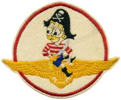 Fighter Squadron 81 (VF-81)
Established as Fighter Squadron FORTY TWO (VF-42) (2nd VF-42) on 19 Jul 1945. Redesignated Fighter Squadron TWO E (VF-2E) on 15 Nov 1946; Fighter Squadron EIGHTY ONE (VF-81) (2nd VF-81) on 15 Sep 1948. Disestablished on 17 Jan 1950.

Insignia approved by CNO on 30 Sep 1949 and discontinued on 17 Jan 1950. US made, schiffli embroidery on wool.

Deployments.
1947, CVE-118 USS Sicily, CVEG-2, Grumman F6F-5 Hellcat, WestPac


