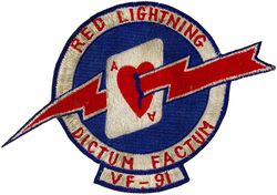 Fighter Squadron 91 (VF-91) (2nd)
Established as Fighter Squadron NINETY ONE (VF-91) (2nd) on 26 Mar 1952. Redesignated Fighter Squadron ONE HUNDRED NINETY FOUR (VF-194) (3rd) “Red Lightning” on 1 Aug 1963. Disestablished on 1 Mar 1978. Reestablished on 1 Dec 1986. Disestablished on 29 Apr 1988.

Grumman F9F-2 Panther, 1952-1954
Grumman F9F-6 Cougar, 1954-1956
North American FJ-3 Fury, 1956-1958
Vought F8U-1/2/F-8E/J Crusader, 1958-1976
McDonnell Douglas F-4J Phantom II, 1976-1978

Insignia approved in 1952.

Deployments.
VF-91
15 Dec 1952-14 Aug 1953 USS Philippine Sea (CV-47) CVG-9, F9F-2, WestPac/Korea	
11 May 1954-12 Dec 1954 USS Hornet (CVA-12) CVG-9, F9F-6, World Cruise
29 Oct 1955-17 May 1956 USS Kearsage	(CVA-33 ) CVG-5, F9F-6,	WestPac
11 Feb 1956-13 Jun 1956 USS Oriskany (CVA-34) CVG-9,	F9F-6, WestPac
16 Sep 1957-25 Apr 1958 USS Ticonderoga (CVA-14) CVG-9, FJ-3, WestPac	
6 Feb 1960-30 Aug 1960 USS Ranger (CVA-61) CVG-9, F8U-2, WestPac	
11 Aug 1961-8 Mar 1962 USS Ranger (CVA-61) CVG-9, F8U-2, WestPac
9 Nov 1962-14 Jun 1963	USS Ranger (CVA-61) CVG-9, F-8C, WestPac	


