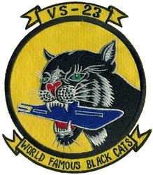 Air Anti-Submarine Squadron 23 (VS-23)
Established as Torpedo Squadron FORTY THREE (VT-43) on 1 Aug 1943. Disestablished on 8 Nov 1943. Reestablished as Night Torpedo Bomber Squadron FORTY THREE (VT(N)-43) on 25 Aug 1944. Disestablished on 2 Jan 1945. Reestablished as Torpedo Bomber Squadron FORTY THREE (VT-43) on 9 Aug 1945. Redesignated Attack Squadron THREE E (VA-3E) on 21 Apr 1947; Composite Squadron TWENTY THREE (VC-23) on 1 Sep 1948; Air Anti-Submarine Squadron TWENTY THREE (AIRASRON 23 or VS-23) "Black Cats" on 23 Apr 1950. Disestablished on 27 Sep 1968.

Insignia approved on 18 Nov 1954.

Grumman TBM-3S Avenger, 1950-1954
Grumman S2F-1 Tracker, 1954-1964
Grumman S-2E Tracker, 1964-1968

