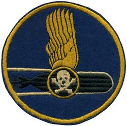 Torpedo Squadron  46 (VT-46)
Established as Torpedo Squadron FORTY SIX (VT-46) on 15 Apr 1944. Disestablished on 14 Sep 1945.

Insignia approved by CNO on 9 Aug 1944. US made, schiffli embroidery on wool.

Deployments.
13 May 1945-15 Aug 1945, CVL-30 USS San Jacinto, CVLG-49, Grumman TBM-1C Avenger 
Aug 1945-1945, CVL-29 USS Bataan, CVLG-49, Grumman TBM-1C Avenger

