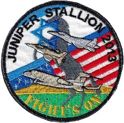 122d Fighter Squadron Exercise JUNIPER STALLION 2013
Juniper Stallion 2013 was at Nevatim Air Base, Israel. Patch was given out to participants by the IAF. Israeli made.
