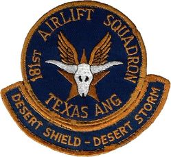 181st Airlift Squadron Operation DESERT SHIELD and DESERT STORM 1990-1991
Separate tab added after the 181 TAS became the 181 AS shortly after the Gulf War, sewn to Velcro as worn.
