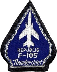 23d Tactical Fighter Squadron F-105
Republic issued patch as worn by the 23 TFS pilots, one of several types used by them. Also used by other units. Sewn on Naugahyde typical for 36 TFW units. 
