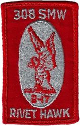 308th Strategic Missile Wing (ICBM-Titan) Project RIVET HAWK
This patch commemorated the launch of Titan II missile B-17 (s/n 61-02771), pulled from Site 374-4 in the 308 SMW at McConnell AFB, KS for testing support of the "Rivet Hawk" guidance upgrade to Titan II missiles.  
