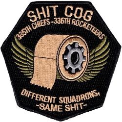 335th Fighter Squadron and 336th Fighter Squadron Morale
The Cog Wheel symbol has been adopted by the Rocketeers as an official name for its newest air crew members, and has bleed over to the 335th. New crew without callsigns who have not received a call sign are simply referred to as 'Cog'.
Keywords: OCP