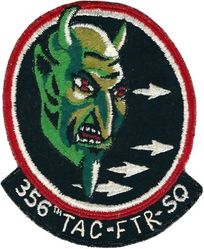 356th Tactical Fighter Squadron 
Reworked FDS patch from factory. FTR-DAY removed and TAC-FTR hand machined in. Large chest sized  patch from 1958.
