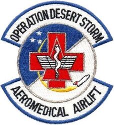 375th Military Airlift Wing Operation DESERT STORM Gaggle
In March 1990 375th Aeromedical Airlift Wing was re-designated as the 375th Military Airlift Wing and operated both airlift and aeromedical assets. Combined emblems for the 11 AES and the 57 AES are on the patch. Operated mostly from Riyadh AB, Saudi Arabia.
