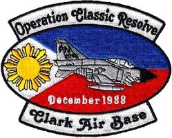 3d Tactical Fighter Wing F-4 Operation CLASSIC RESOLVE 1989 ERROR
During an attempted coup,President  Bush approved the use of US F-4 fighter jets stationed at Clark Air Base on Luzon to buzz the rebel planes at their base, fire in front of them if any attempted to take off, and shoot them down if they did. The buzzing by US planes soon caused the coup to collapse. On 02 December 1989 President Bush reported that on 01 December US fighter planes from Clark Air Base in the Philippines had assisted the Aquino government to repel a coup attempt. Date should read 1989.

