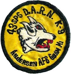 43d Security Police Squadron K-9 Section
DARN= Detection (narcotics/explosives), Assault/Patrol, Reconnaissance, and Navigation/Tracking. Taiwan made.
