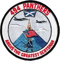 494th Fighter Squadron Morale
Great story: When the 494th go low level up in Scotland there is a guy (Angus) who hears them call up on his radio. He runs outside and waves a massive Scottish flag as they overfly his house; so the unit made a moral patch featuring him.
