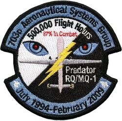703d Aeronautical Systems Group RQ/MQ-1 500,000 Hours
Made for an informal ceremony recognizing a combat mission flown over Iraq on Feb. 18, 2009, when a Predator surpassed a cumulative 500,000 flight hours over the life of the program.
