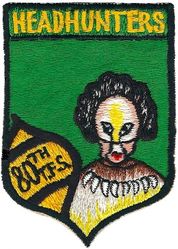 80th Tactical Fighter Squadron 
Patch details changed and background changed to green in 1954 when the 80th FBS joined the 49 FBW on Kadena. Color changed as the 80th was the 4th unit assigned and one already used yellow, so green was selected. Early after becoming a TFS and now with the 8th TFW, they reverted to yellow background but did retain green into the TFS era for a short time. Japan made.

