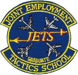 99th Operations Group Joint Employment Tactics School Graduate
The Joint Employment Tactics School (JETS) develops and provides command tactics training to aircrew instructors and intelligence personnel, headquarters staff, senior officers, and other individuals concerned with tactics.  The curriculum is developed to instill the knowledge necessary to provide expertise at squadron, wing, and headquarters levels in conventional operations and employment, allied and adversary military force compositions and operations in support of composite force and joint/allied interoperability operations and applications to ensure the student's "warfighting" skills are the best possible.  Augments and supports theater commander in chief senior staffs during times of conflict and participates in worldwide exercises or crises.
