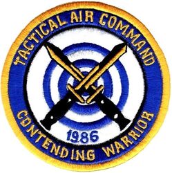 Tactical Air Command Contending Warrior Competition 1986
TAC annual security police competition held at Nellis Air Force Base.
The exercise tests security police skills including combat, marksmanship and tactics. The winner competes in the Air Force-wide competition. Korean made.
