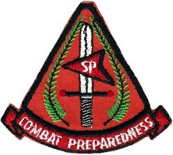 3275th Technical School Squadron Combat Preparedness Course 
Security Police Combat Preparedness Course 3AZR81150 (AZR) at Lackland and Camp Bullis that SPs went to prior to being assigned to Vietnam. The patch was worn on the left sleeve of fatigues and worn on yellow range instructor hats. This design borrows heavily from the 36 SPS insignia.
