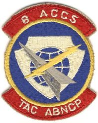 8th Airborne Command and Control Squadron
Official Significance: The emblem is symbolic of the unit and the Air Force colors, ultramarine blue and golden yellow, as well as the national colors, are used in the design. The color blue alludes to the sky, the primary theater of Air Force operations, and yellow to the sun and excellence required of Air Force personnel in assigned tasks. The red background of the scroll alludes to the emblem of the Tactical Air Command. The white shield is used as a background for the internal symbols, and signifies that, as a military unit, we are guardians of the peace. The crossed lightning bolt and aircraft symbol indicate our airborne operations are in the electronic realm. The globe depicts the world-encompassing nature of our flight operations. APPROVED on 30 May 1973. Negative Number KE-52240.

 This unit was active, as such, from 15 Oct 1969 to 30 Apr 1974, and again from 1 Jul 1994 to 15 May 1996, but this patch dates from the 1973-1974 period.
