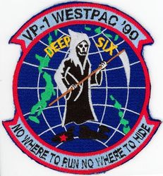 Patrol Squadron 1 (VP-1) WESTPAC CRUISE 1990
VP-1 "Screaming Eagles"
1990 
Established as VB-128 on 15 Feb 1943.
Redesignated VPB-128 on 1 Oct 1944; VP-128 on 15 May 1946; VP-ML-1 on 15 Nov 1946; VP-1 (5th VP-1) on 1
Sep 1948.
Lockheed P-3C MOD Orion
