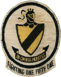 Fighter Squadron 151 (VF-151)
Established as Reserve Fighter Squadron SIX HUN DRED FIFTY THREE (VF-653) in Dec 1949. Called to active duty on 1 Feb 1951. Redesignated Fighter Squadron ONE HUNDRED FIFTY ONE (VF-151) on 4 Feb 1953. Redesignated Attack Squadron ONE HUNDRED FIFTY ONE (VA-151) on 7 Feb 1956. Redesignated Attack Squadron TWENTY THREE (VA-23) (1st) on 23 Feb 1959. Disestablished on 1 Apr 1970. The first and only squadron to be designated VA-23.
 
When the squadron was redesignated VF-151, it adopted a new insignia sometime between 1953 and 1955. There is no record relating to the use of this insignia following the squadron’s redesignation to VA-151. However, on 29 April 1959, CNO approved VA-23’s request to retain the insignia formerly used by VA-151. The insignia used by VA-23 was the Black Knight insignia.

