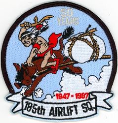 185th Airlift Squadron 50th Anniversary
Constituted as the 620th Bombardment Squadron (Dive) on 25 Jan 1943. Activated on 4 Feb 1943. Redesignated 506th Fighter-Bomber Squadron on 10 Aug 1943. Redesignated 506th Fighter Squadron on 30 May 1944. Inactivated on 9 Nov 1945. Redesignated 185th Fighter Squadron, and allotted to the National Guard on 24 May 1946. Organized on 18 Feb 1947. Extended federal recognition on 18 Dec 1947. Redesignated 185th Tactical Reconnaissance Squadron on 1 Feb 1951; 185th Fighter-Bomber Squadron on 1 Jan 1953; 185th Fighter-Interceptor Squadron 1 Jul 1955; 185th Air Transport Squadron, Heavy c. 1 Apr 1961; 185th Military Airlift Squadron on 1 Jan 1966; Redesignated 185th Tactical Airlift Squadron on 10 Dec 1974; 185th Airlift Squadron c. 16 May 1992; 185th Air Refueling Squadron on 1 Oct 2008; 185th Special Operations Squadron on 1 Oct 2015-.
